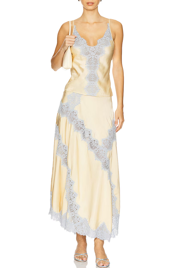 Wine Tasting Contrast Color Satin Lace Trim Irregular Hem Drape Midi Skirt | Consonak