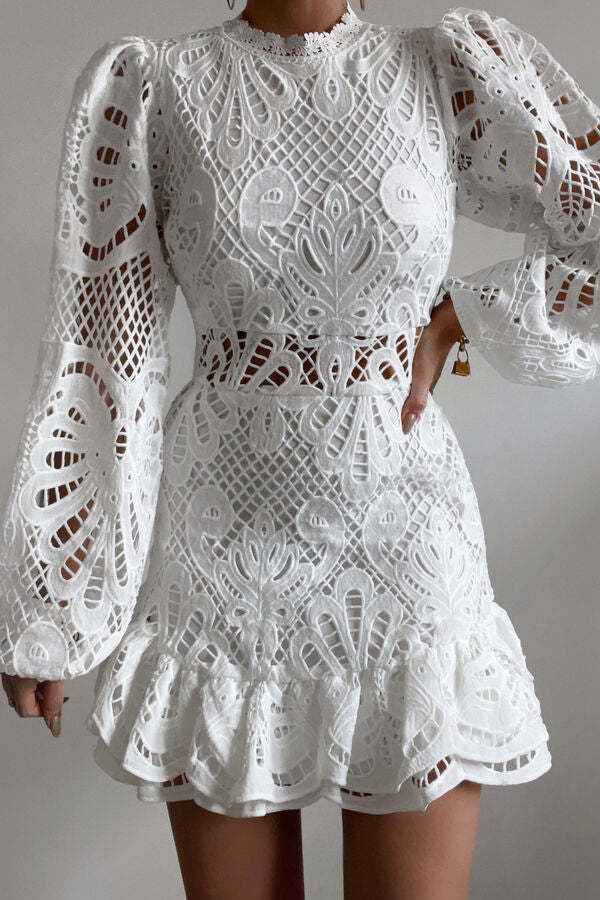 Solid Color Hollow Long-sleeved Waisted Lace Mini Dress-consonak