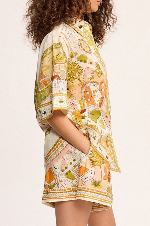 Tropical Vegetation Print Loose Button Elastic Waist Shorts Set | Consonak