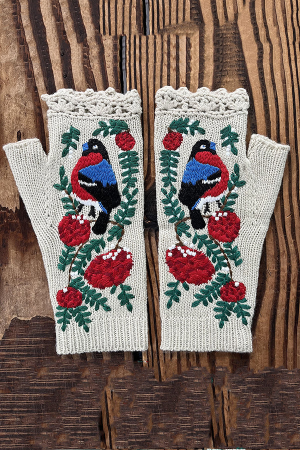 Little Red Bird Flower Embroidery Knitted Warm Gloves-consonak