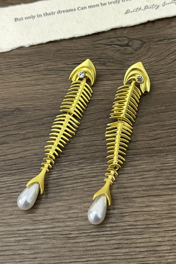 Personalized Fishbone Diamond Pearl Pendant Earrings-consonak
