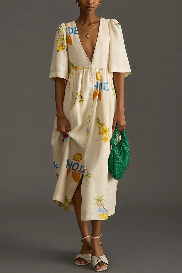 Cozy Summer Linen Blend Unique Print Button Puff Sleeve Loose Midi Dress-consonak