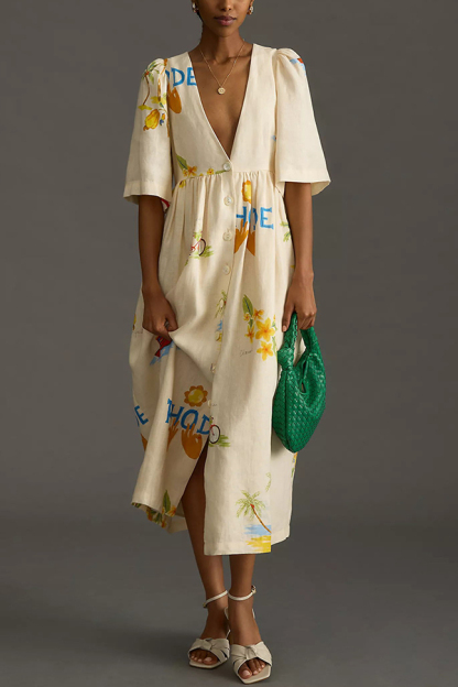 Cozy Summer Linen Blend Unique Print Button Puff Sleeve Loose Midi Dress-consonak