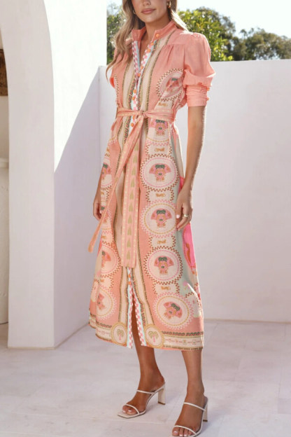 Unique Printed Puff Sleeve Button Lace Up Vacation Maxi Dress-consonak
