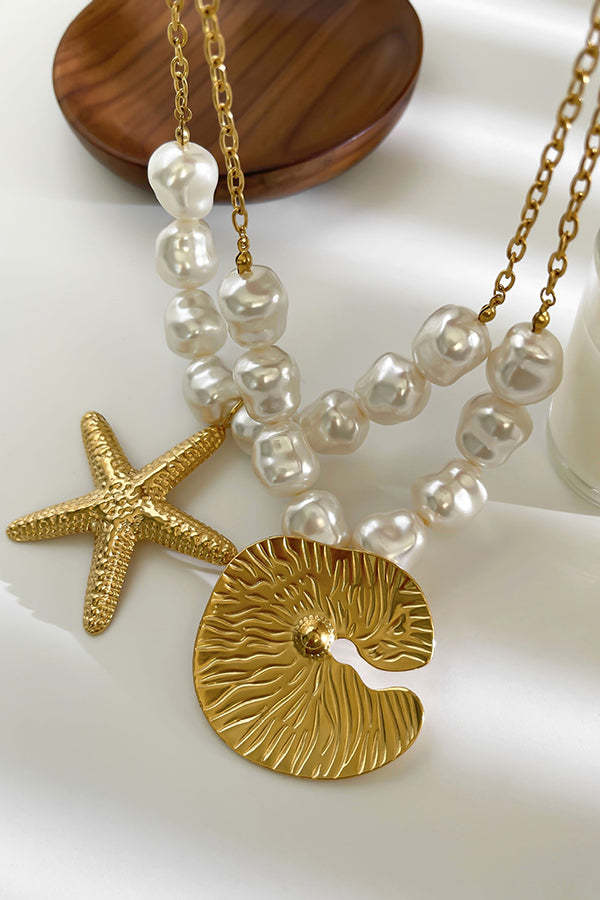 Bohemian Pearl Starfish Lotus Leaf Necklace-consonak