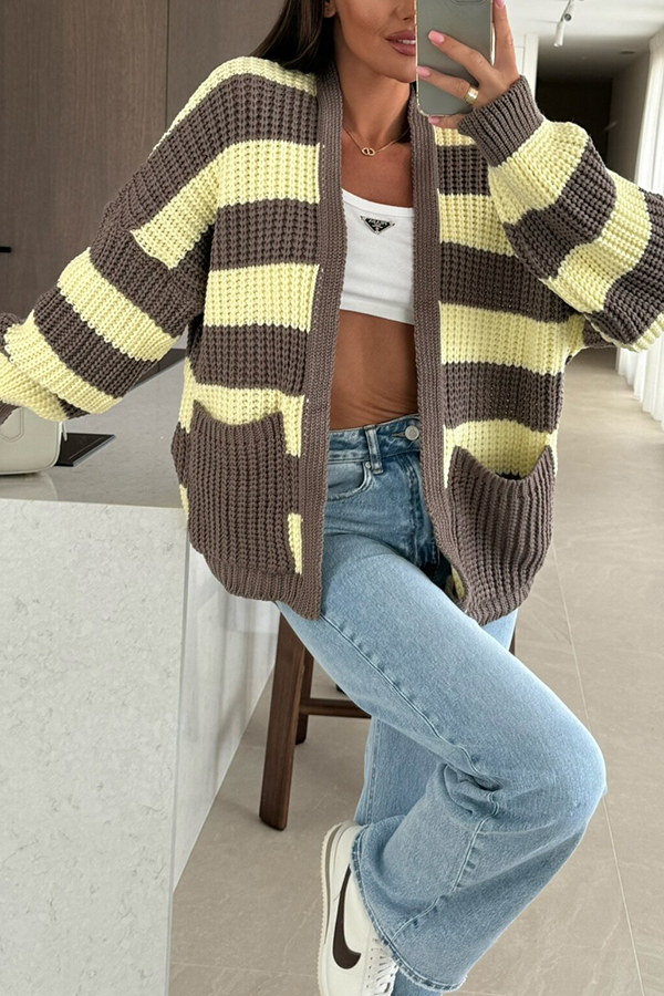 Fashionable Patchwork Striped Casual Pocket Knitted Sweater-consonak