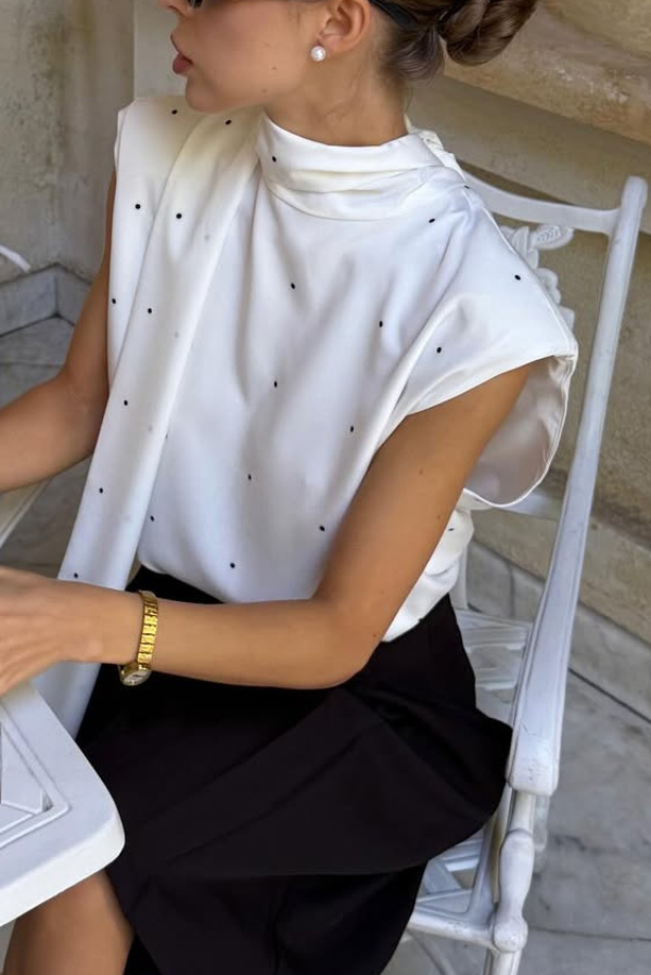 Polka Dot Print Open Backless Stand Collar Sleeveless Ribbon Top