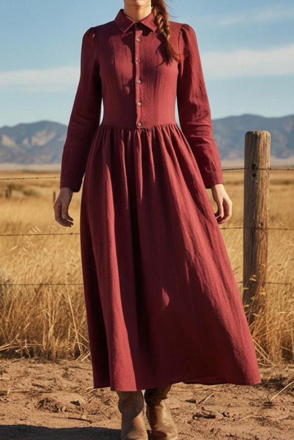 Linen Blend Solid Color Lapel Long-sleeved Casual Maxi Dress