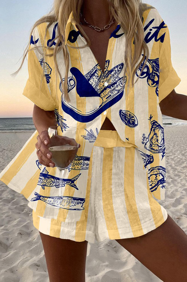 Sardine Can Print Loose Button Elastic Waist Shorts Set