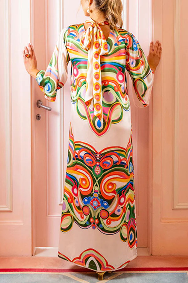 Venice Satin Colorful Baroque Style Print High Neck Tie-up Half Bell Sleeve Maxi Dress-consonak