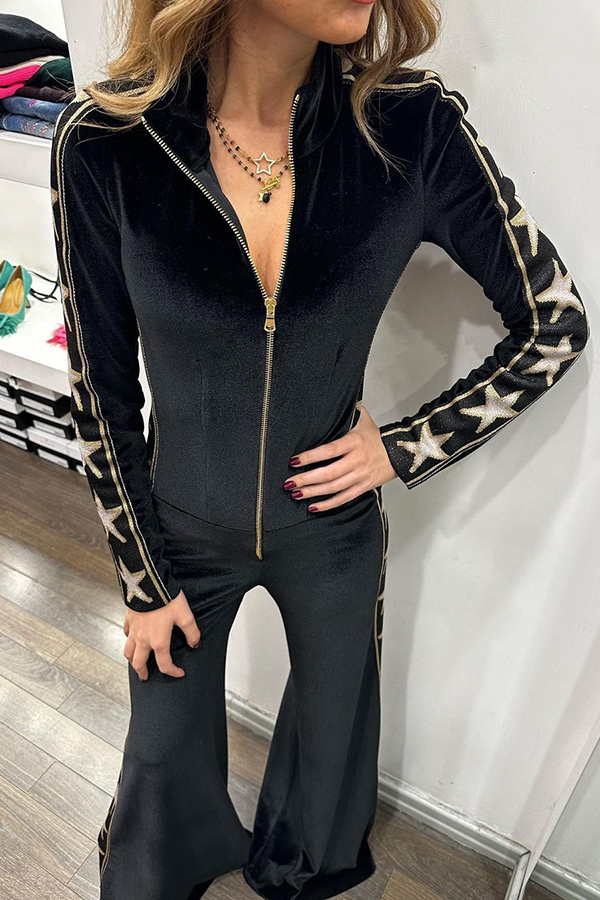 Star-print Velvet Patchwork Zipped Wide-leg Jumpsuit(ONE SIZE DOWN) | Consonak
