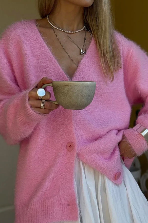 Solid Color Loose V-neck Long-sleeved Lazy Knitted Cardigan-consonak