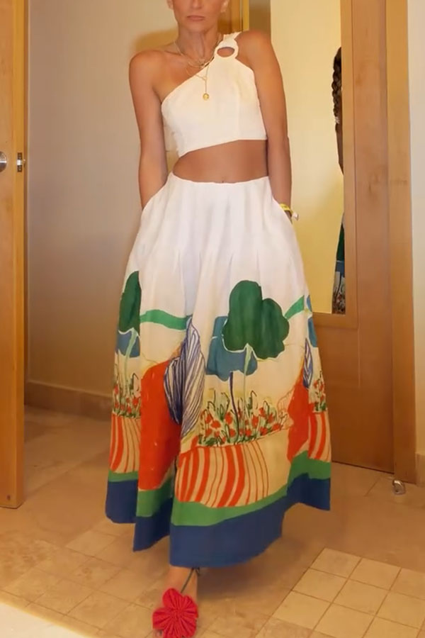 Mexican Night Linen Blend Unique Print Ring One Shoulder Top and Elastic Waist Pocket Maxi Skirt Set
