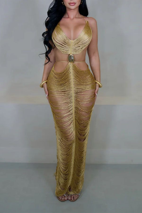 Tulum Goddess Hollow-Out Fringe Dress-Consonak