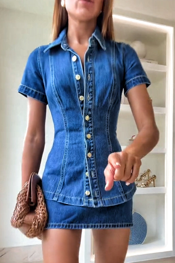 Modern Flavor Denim Short Sleeve Button Up Princess Seams Stretch Top | Consonak