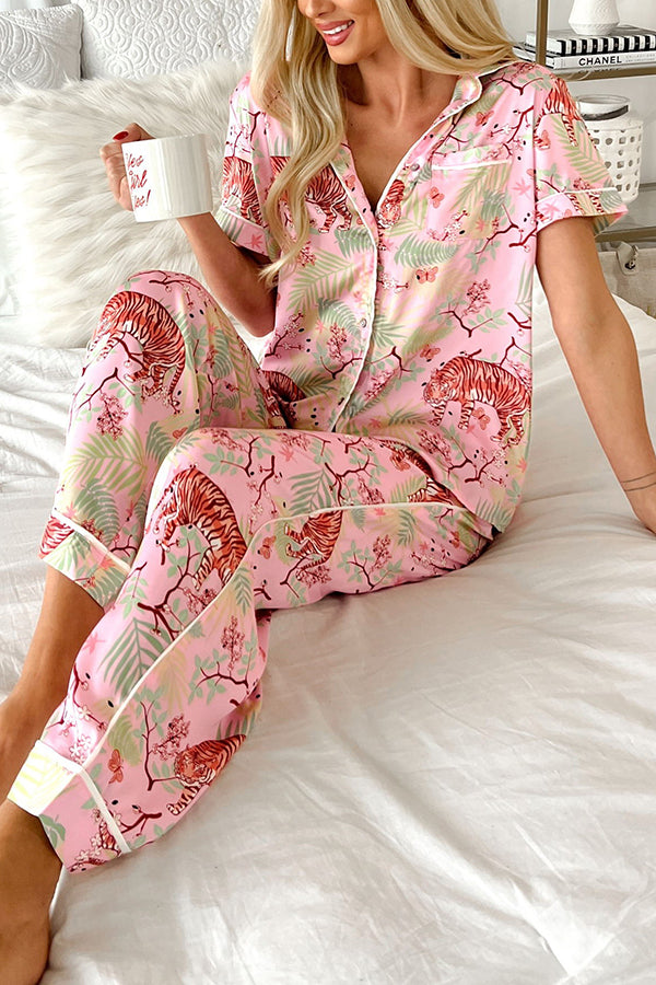 Sleeping Tiger Satin Elastic Waist Pocketed Pajama Pants Set-consonak