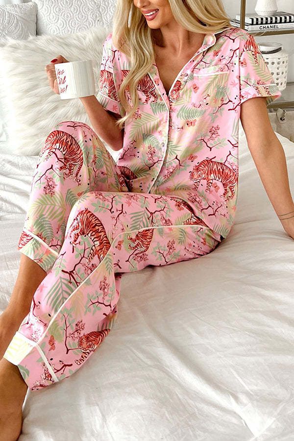 Sleeping Tiger Satin Elastic Waist Pocketed Pajama Pants Set-consonak