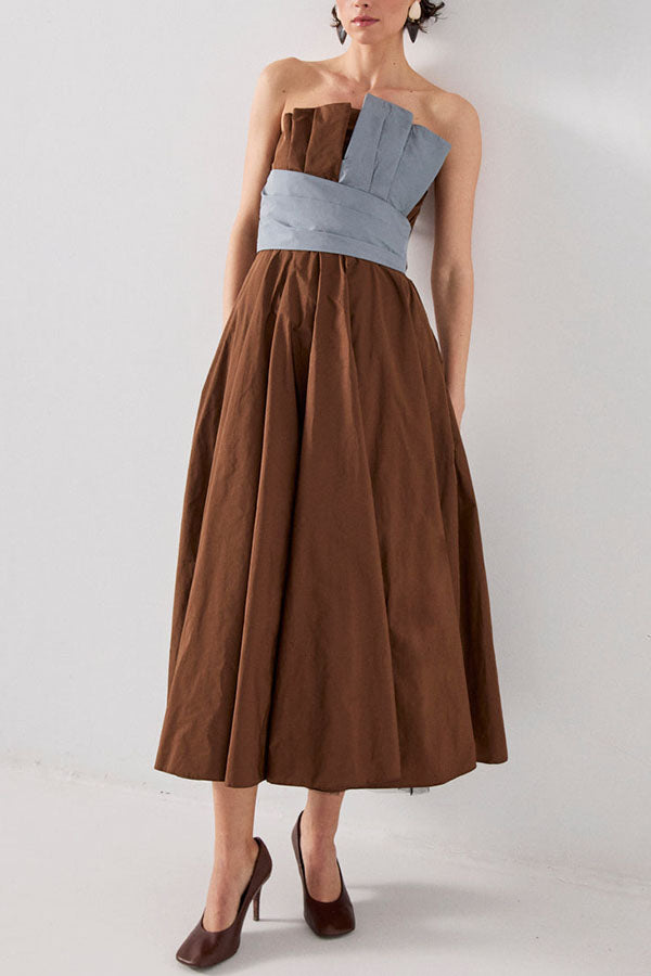 Modern Structured Color Block Off Shoulder Pocket Umbrella Hem Maxi Dress