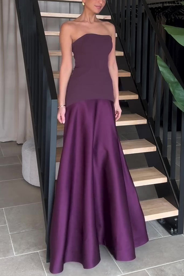Timeless Elegance Satin Patchwork Strapless Flare Gown Maxi Dress | Consonak