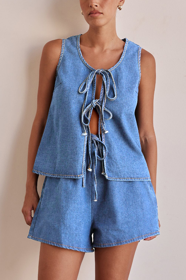 Stylish Sleeveless Round Neck Tie-up Casual Denim Vest