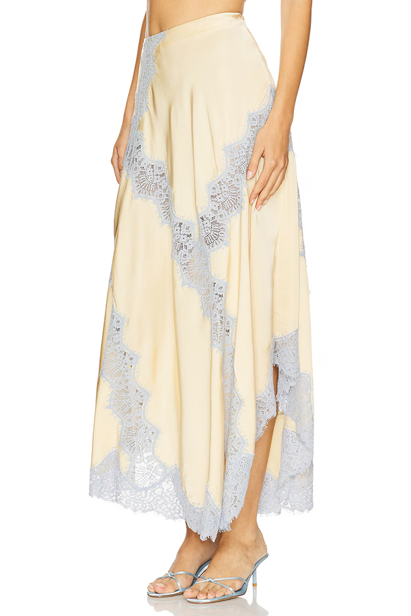 Wine Tasting Contrast Color Satin Lace Trim Irregular Hem Drape Midi Skirt | Consonak