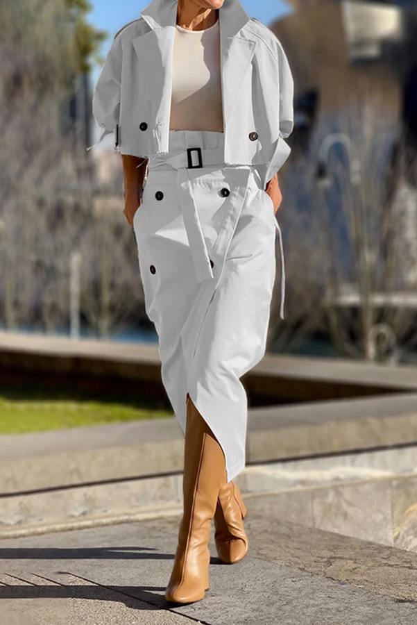Work Style Lapel Long Sleeve Jacket and Button Belt Pocketed Slit Midi Skirt Set | Consonak