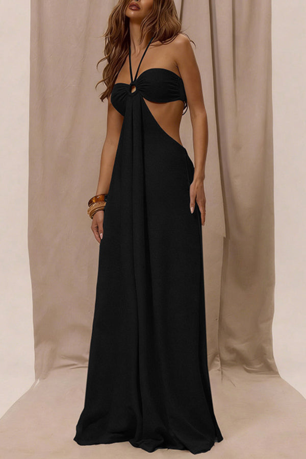 Solid Color Halter Neck Cutout Casual Loose Wide-leg Jumpsuit-consonak