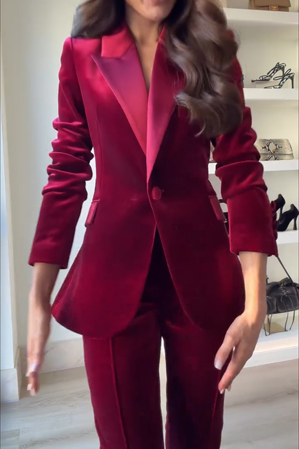 Delicate Daze Velvet Satin Lapel Button Up Long Sleeve Tapered Waist Blazer-consonak