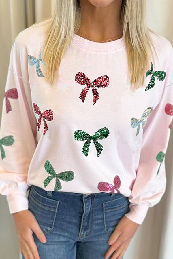 Christmas Sequined Bow Crew Neck Long-sleeved Loose Sweatshirt-consonak