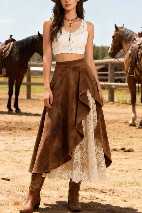 Stylish Suede and Lace Patchwork Elegant Asymmetrical Midi Skirt | Consonak