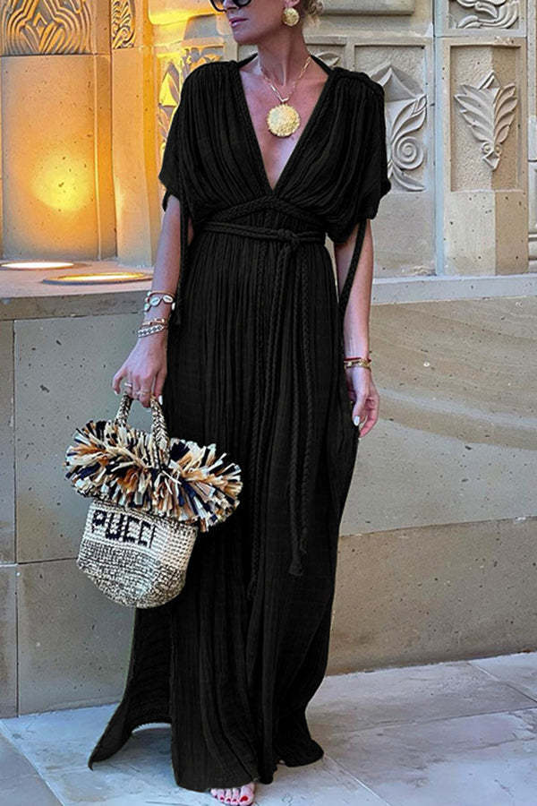 Greek Style Linen Blend Draped Braids Kimono Cover Up Slit Maxi Dress-consonak