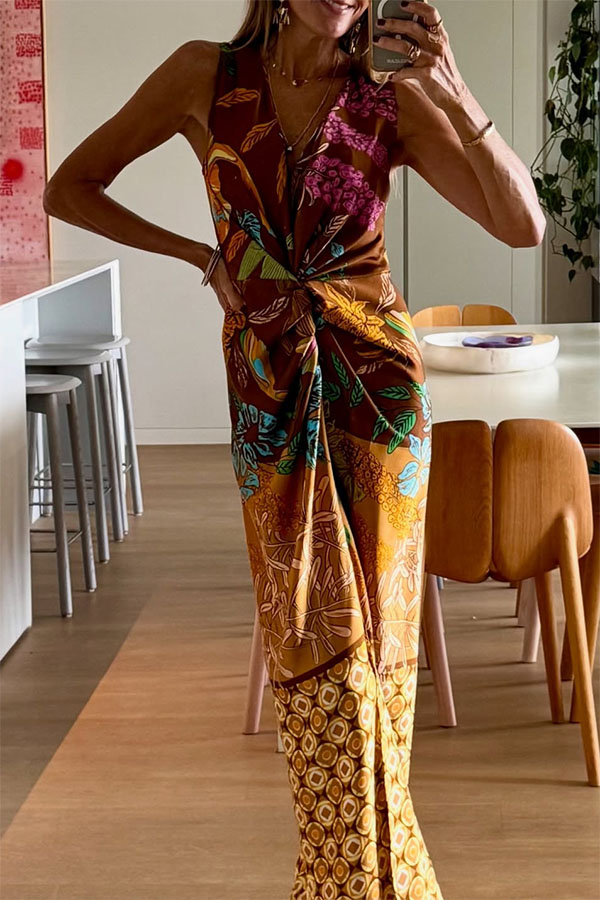Naturally Inspired Satin Unique Floral Print Twist Waist Slit Drape Maxi Dress-consonak