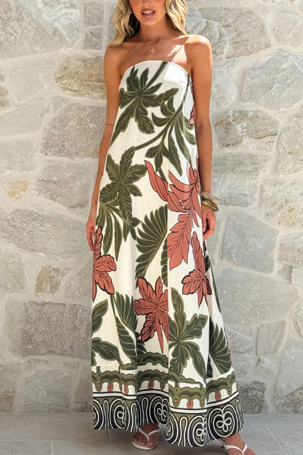 Botanical Print Sleeveless Off-shoulder Resort-style Loose Maxi Dress-consonak