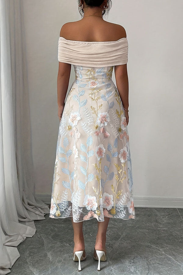 Elegant Ruched Off-Shoulder Floral Appliqué Midi Dress-Consonak