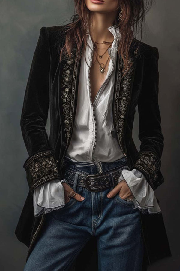 Gold Velvet Patchwork Printed Edge Long-sleeved Casual Jacket-consonak