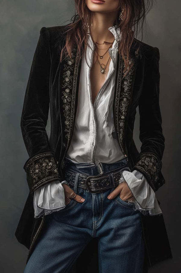 Gold Velvet Patchwork Printed Edge Long-sleeved Casual Jacket-consonak