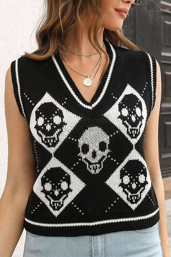 Halloween Skull Argyle Knit Sweater Vest-Consonak