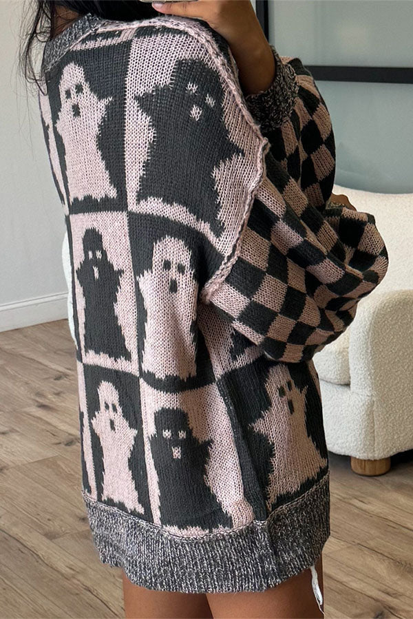 Halloween Ghost & Checkerboard Oversized Knit Sweater-Consonak