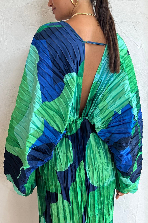 Tropical Oasis Capri Print Kimono Sleeve Pleated Cocoon Maxi Dress-consonak
