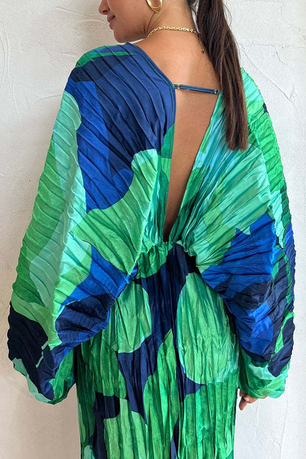 Tropical Oasis Capri Print Kimono Sleeve Pleated Cocoon Maxi Dress-consonak