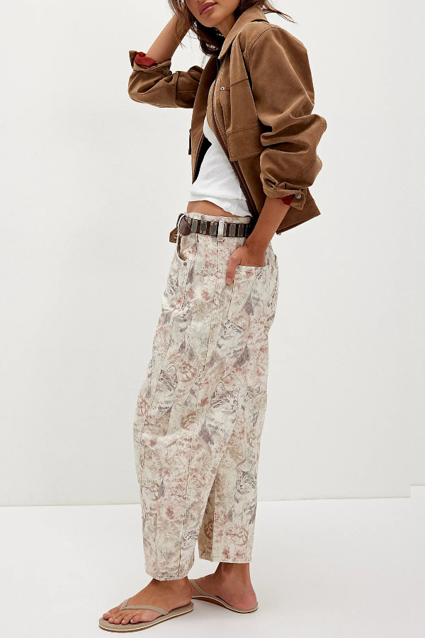 Fashionable Printed Casual Loose Mid-rise Pocket Leg Jeans