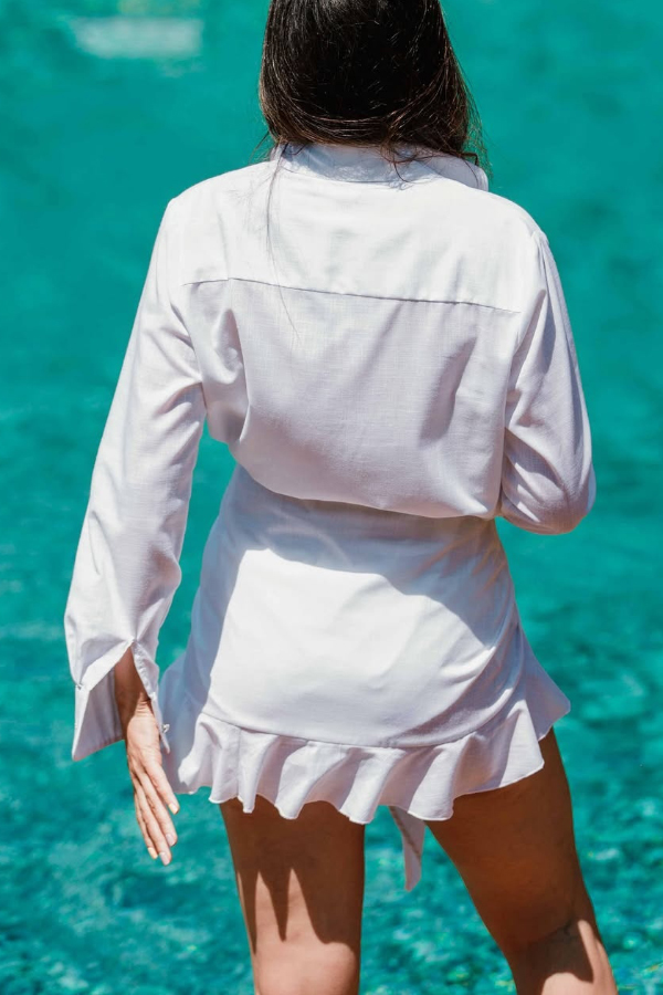 Solid Color Collared Long-sleeved Casual Shirt Style Lace Up Vacation Mini Dress | Consonak