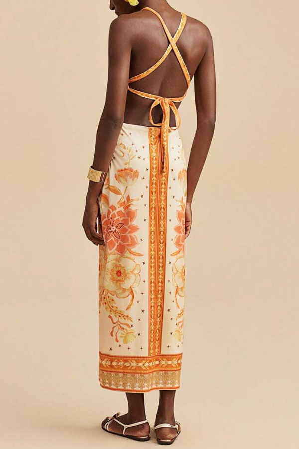 Floral Print Sleeveless Backless Tie Slim-fit Vacation Maxi Dress