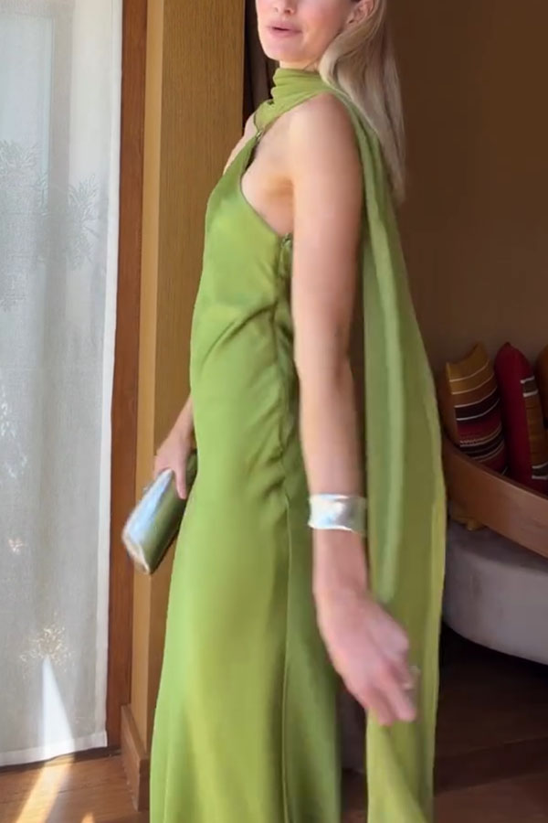 Elegant and Refined Satin Detachable Scarf-style Halter Maxi Dress | Consonak