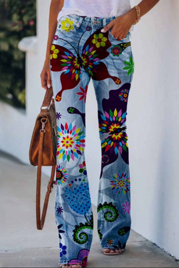 On A Drive Printed Faux Denim High Rise Flare Pants | Consonak