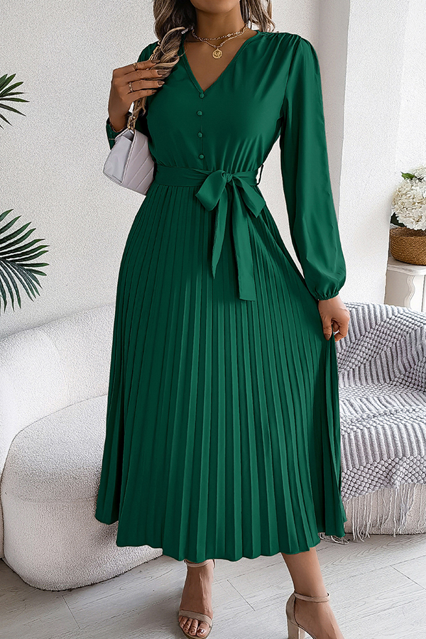 Solid Color Elegant V-neck Buttoned Lace-up Pleated Maxi Dress-consonak
