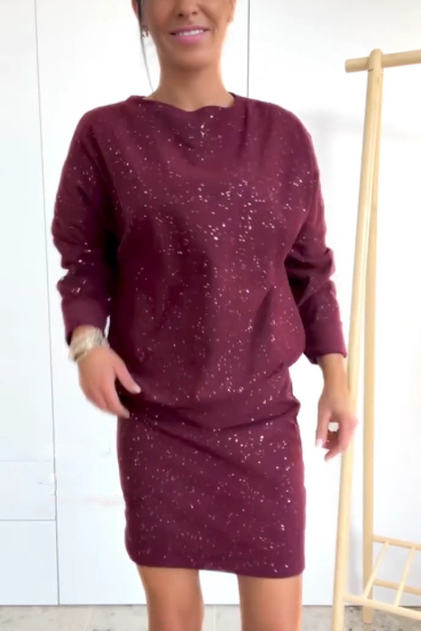 Solid Color Sparkly Round Neck Long Sleeve Casual Mini Dress