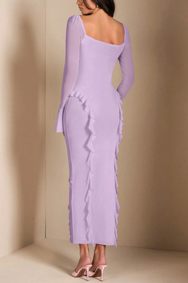 Solid Color Long-sleeved Ruffled Slim-fit Maxi Dress-consonak