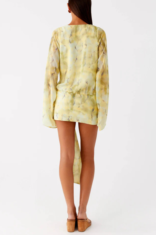 Tie-dye Print V-neck Long-sleeved Ribbon Vacation Mini Dress-consonak