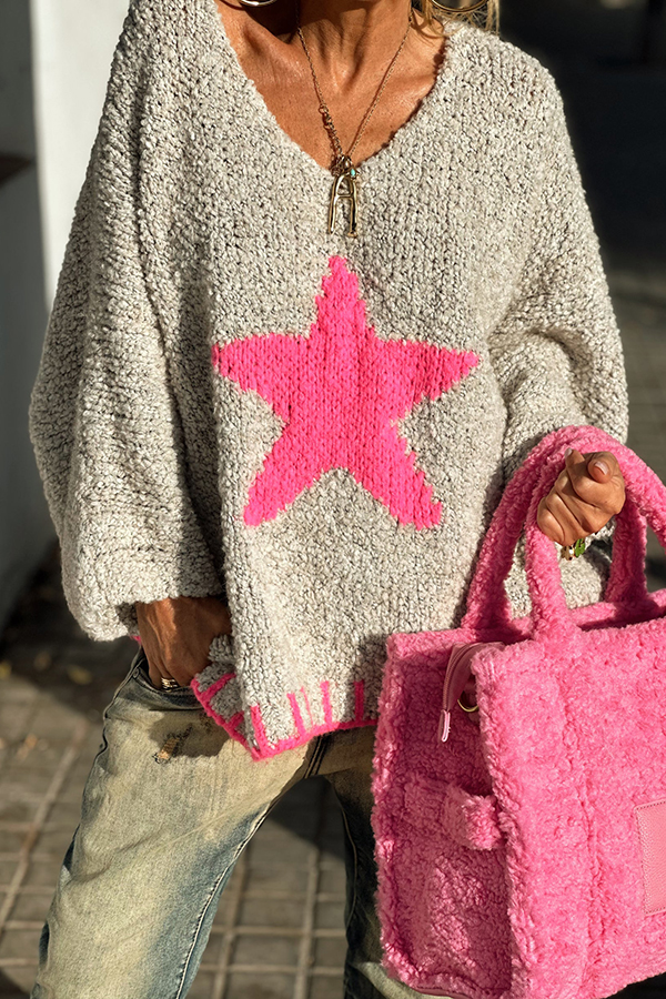 Warm Winter Day Texture Knit Star Pattern Contrast Color Loose Sweater-consonak